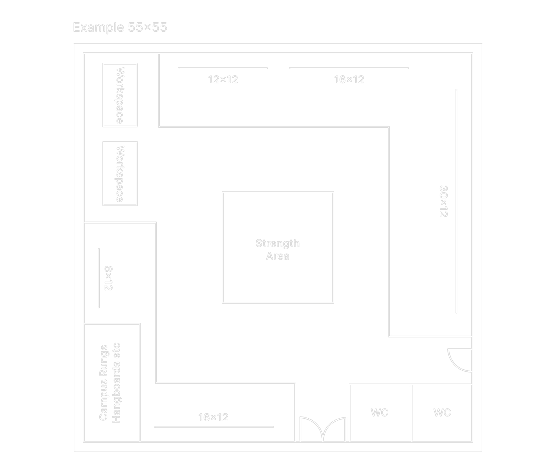 Floor plan concept for a 55 by 55 foot space: 8 by 12, 12 by 12, and two 16 by 12 boards, a 30 by 12 spray wall, a strength area, two workspaces, a campus rung and hangboard bay, and two restrooms.